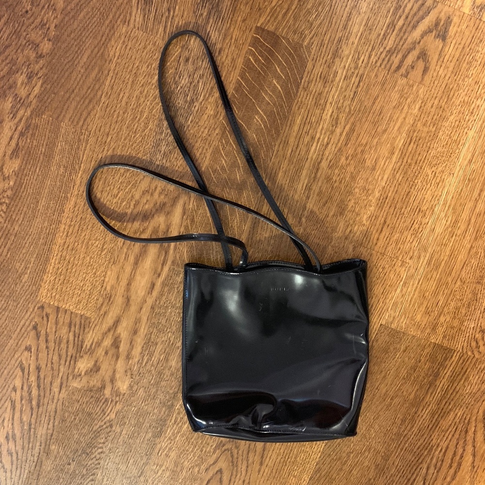 Furla Patent Leather Long Strap Black Shoulder Bag